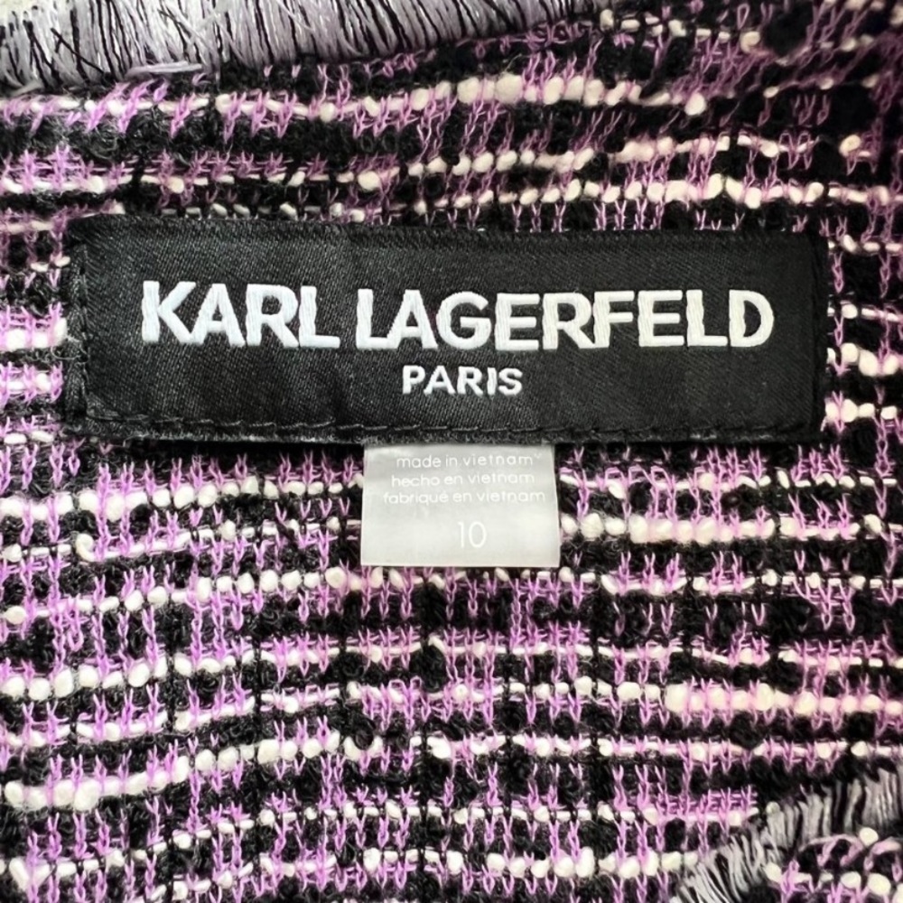 Karl Lagerfeld Paris Tweed Purple Black White Split Neck Sleeveless Shift Dress - Picture 5 of 8